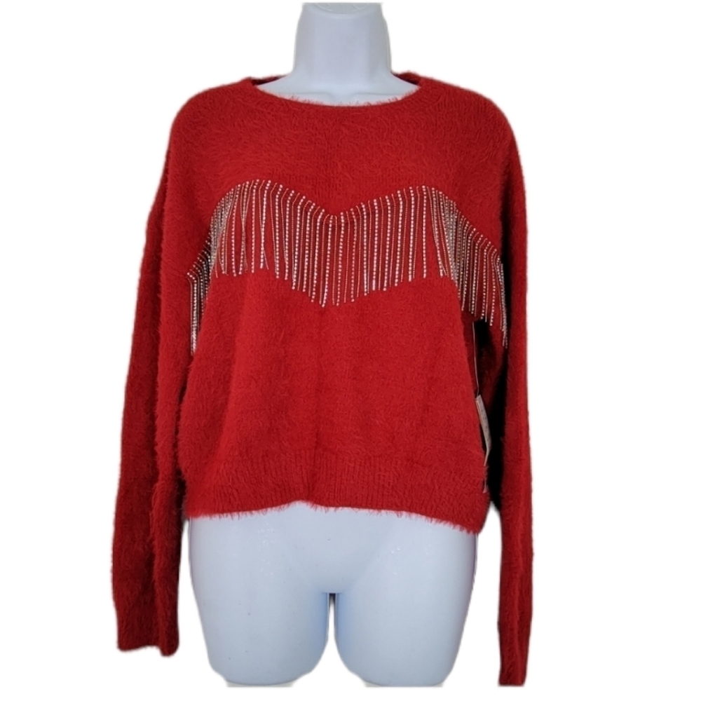 On 12th Red Chunky Fluffy Sweater w/ Rhinestone Fringe Holiday Statement Knit